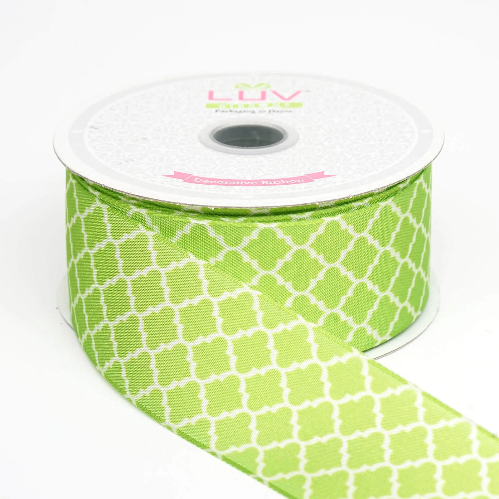 10 Yards 1.5" Apple Green Grosgrain Geometric Pattern Quatrefoil Ribbon