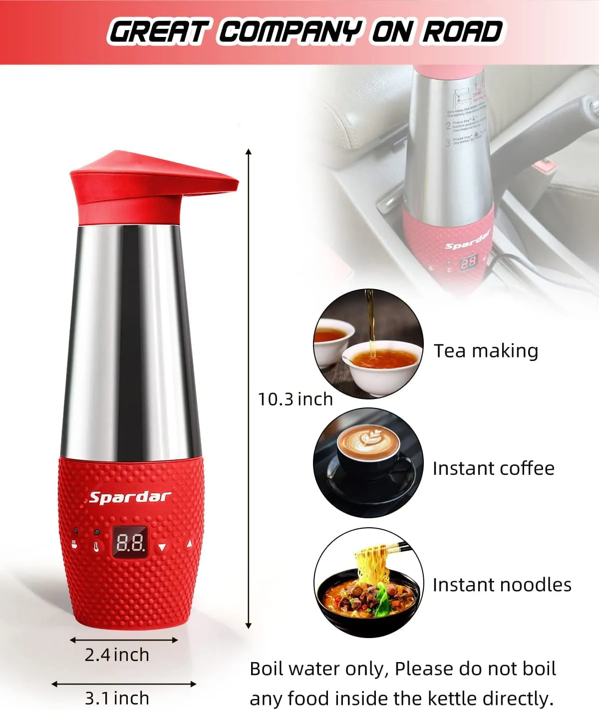 12v Kettle for Car, 348ml Car Electric Kettle for Travel Camping, Stainless Steel, Temperature Control, Auto Shut Off, Boil Dry Protection One Piece Red