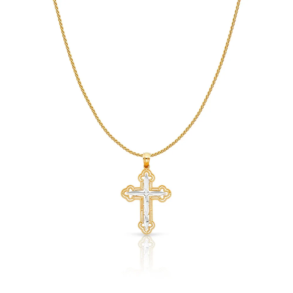 14K Gold Cross Charm Pendant with 0.9mm Wheat Chain Necklace