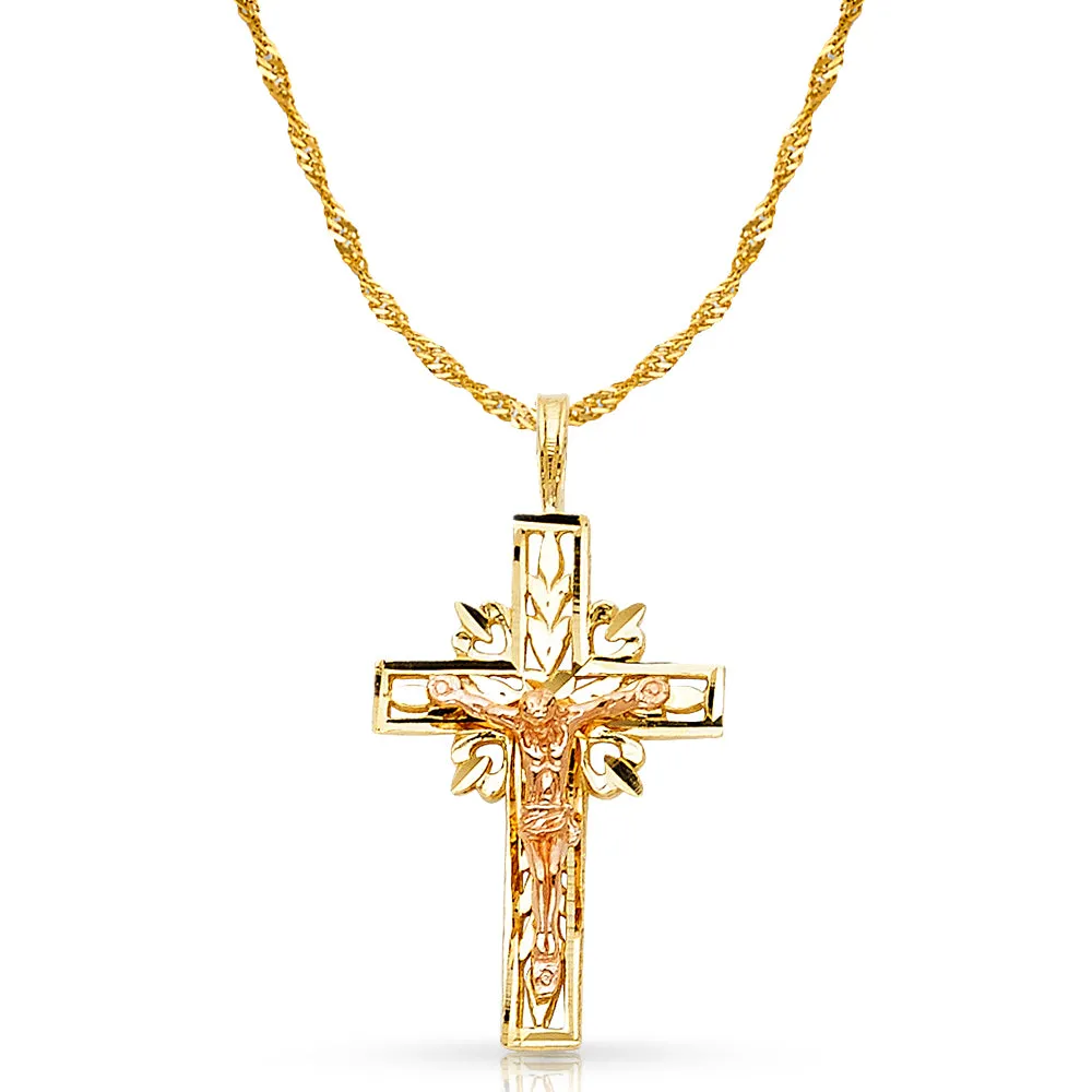 14K Gold Crucifix Charm Pendant with 1.2mm Singapore Chain Necklace