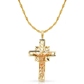 14K Gold Crucifix Charm Pendant with 1.2mm Singapore Chain Necklace