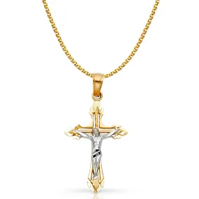 14K Gold Crucifix Cross Pendant with 1.5mm Flat Open Wheat Chain