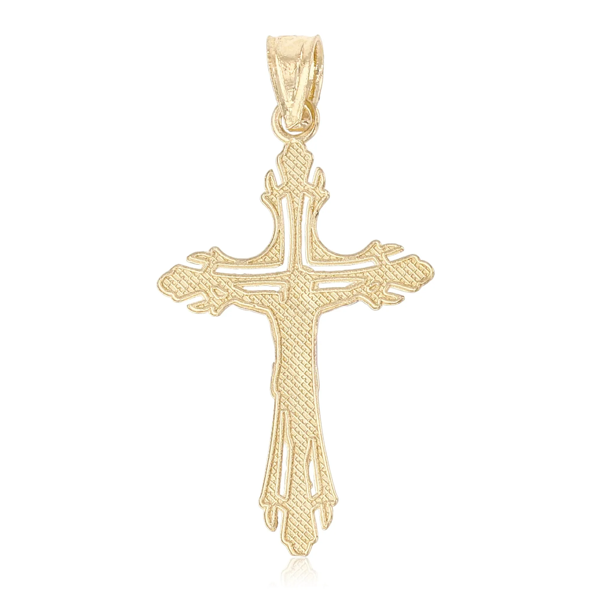 14K Gold Crucifix Cross Pendant with 1.5mm Flat Open Wheat Chain