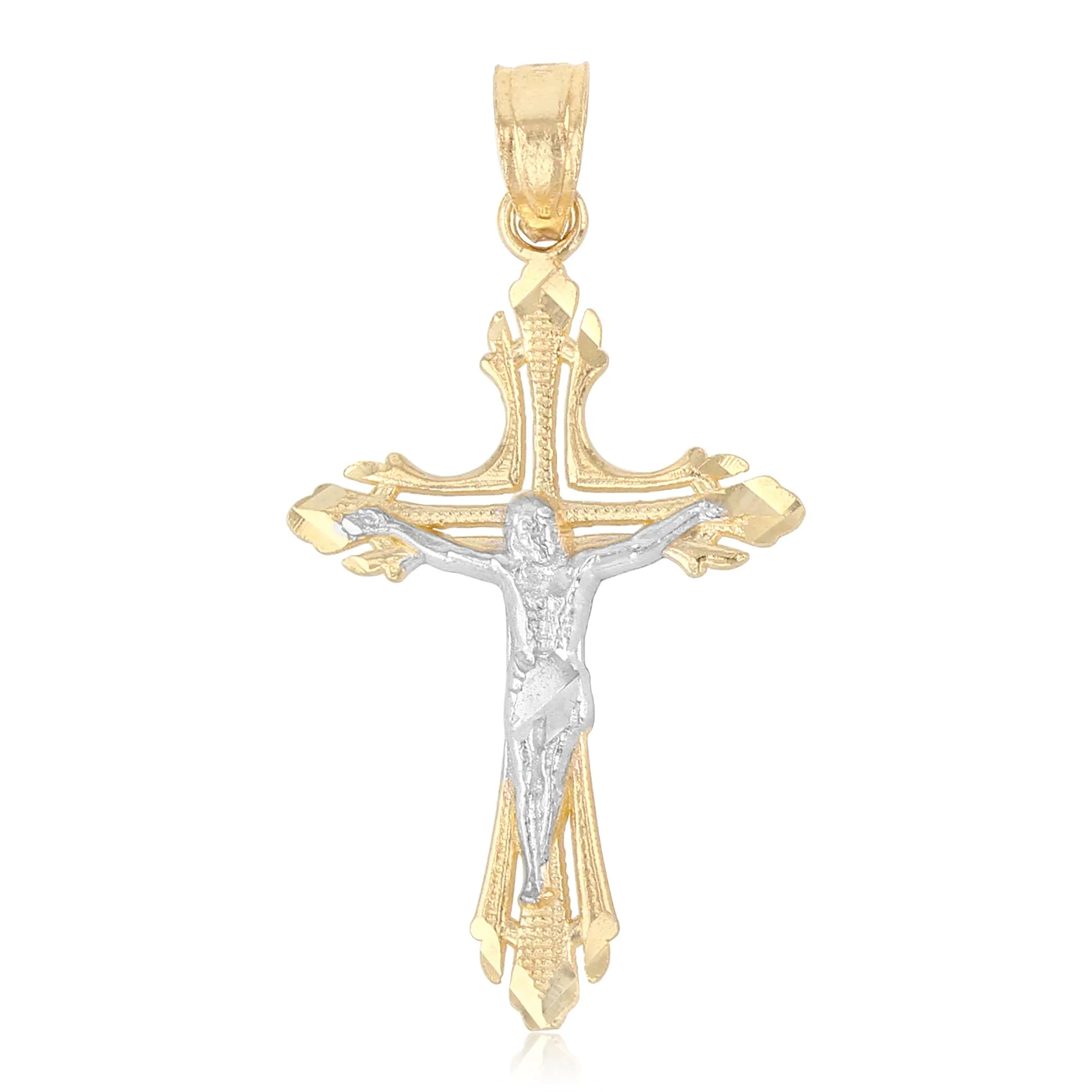 14K Gold Crucifix Cross Pendant with 1.5mm Flat Open Wheat Chain