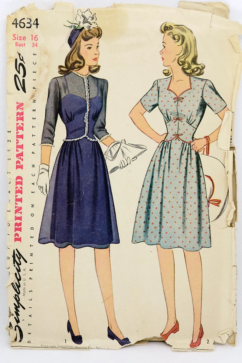 1942 Simplicity 4634 Sewing Pattern for WWII Vintage Dress