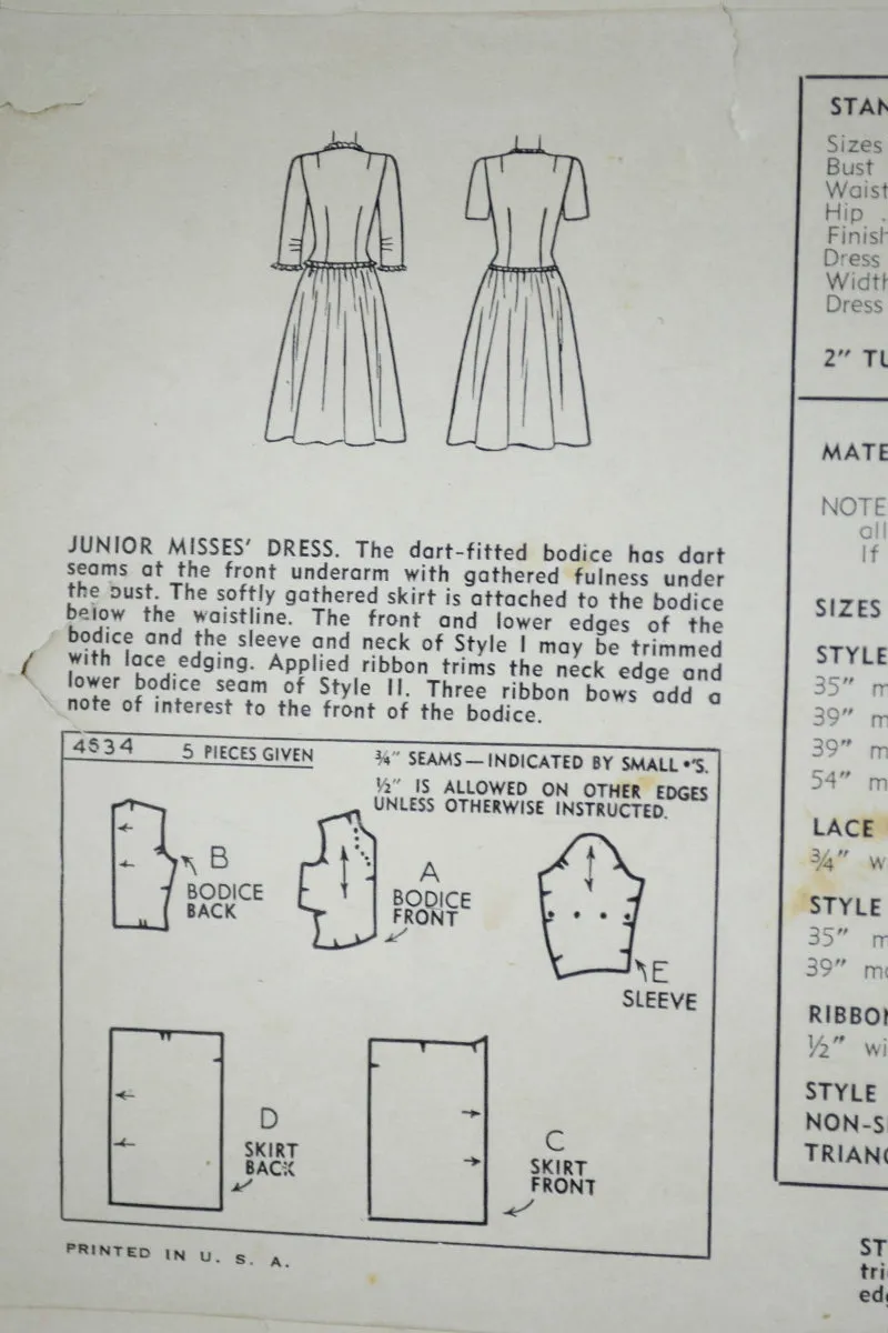 1942 Simplicity 4634 Sewing Pattern for WWII Vintage Dress