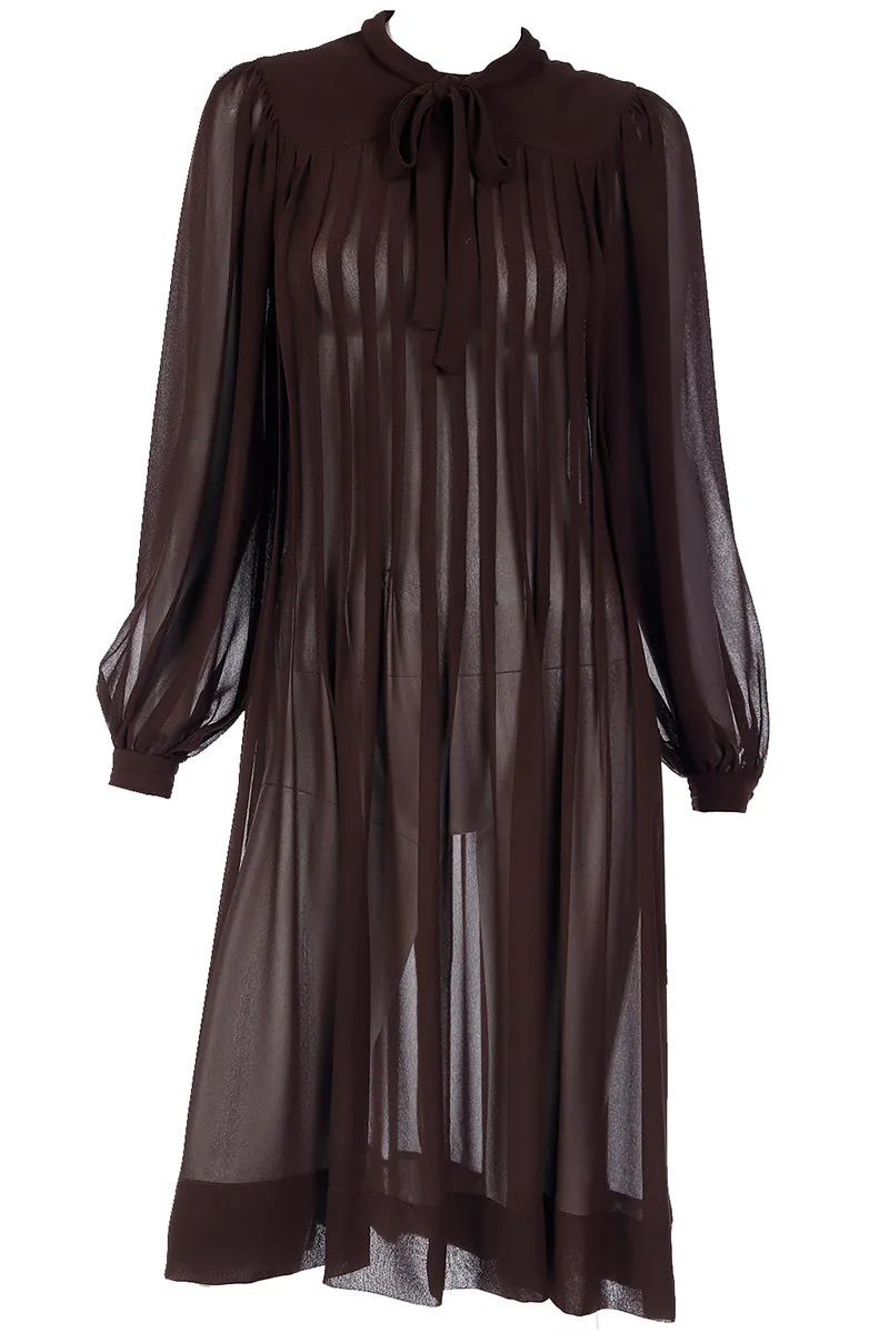 1970s Albert Nipon Sheer Brown Pleated Crepe Dress