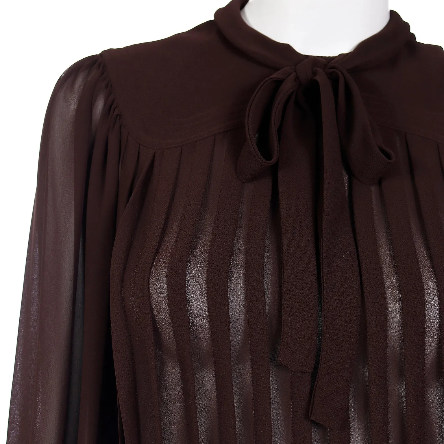 1970s Albert Nipon Sheer Brown Pleated Crepe Dress