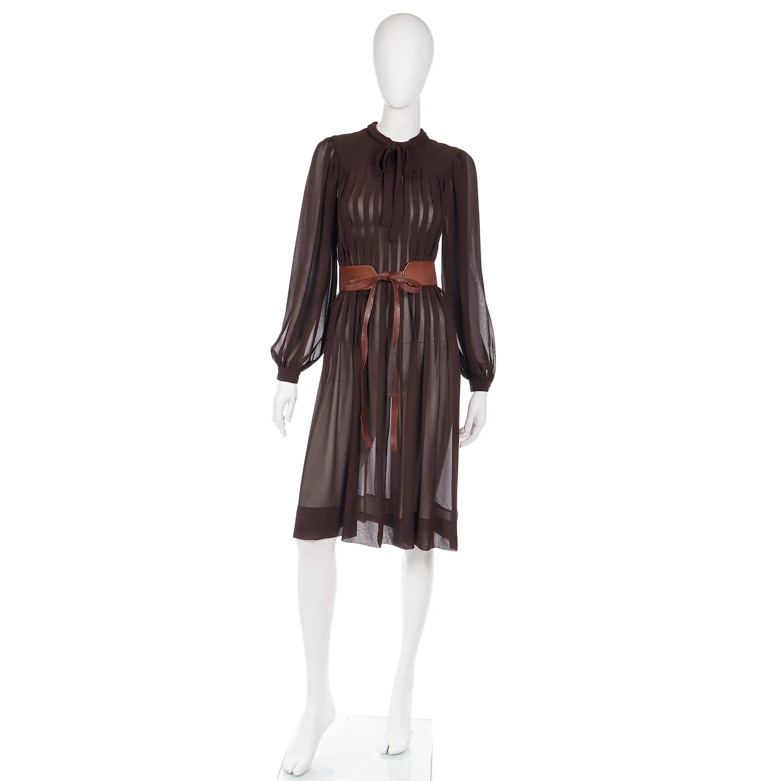 1970s Albert Nipon Sheer Brown Pleated Crepe Dress