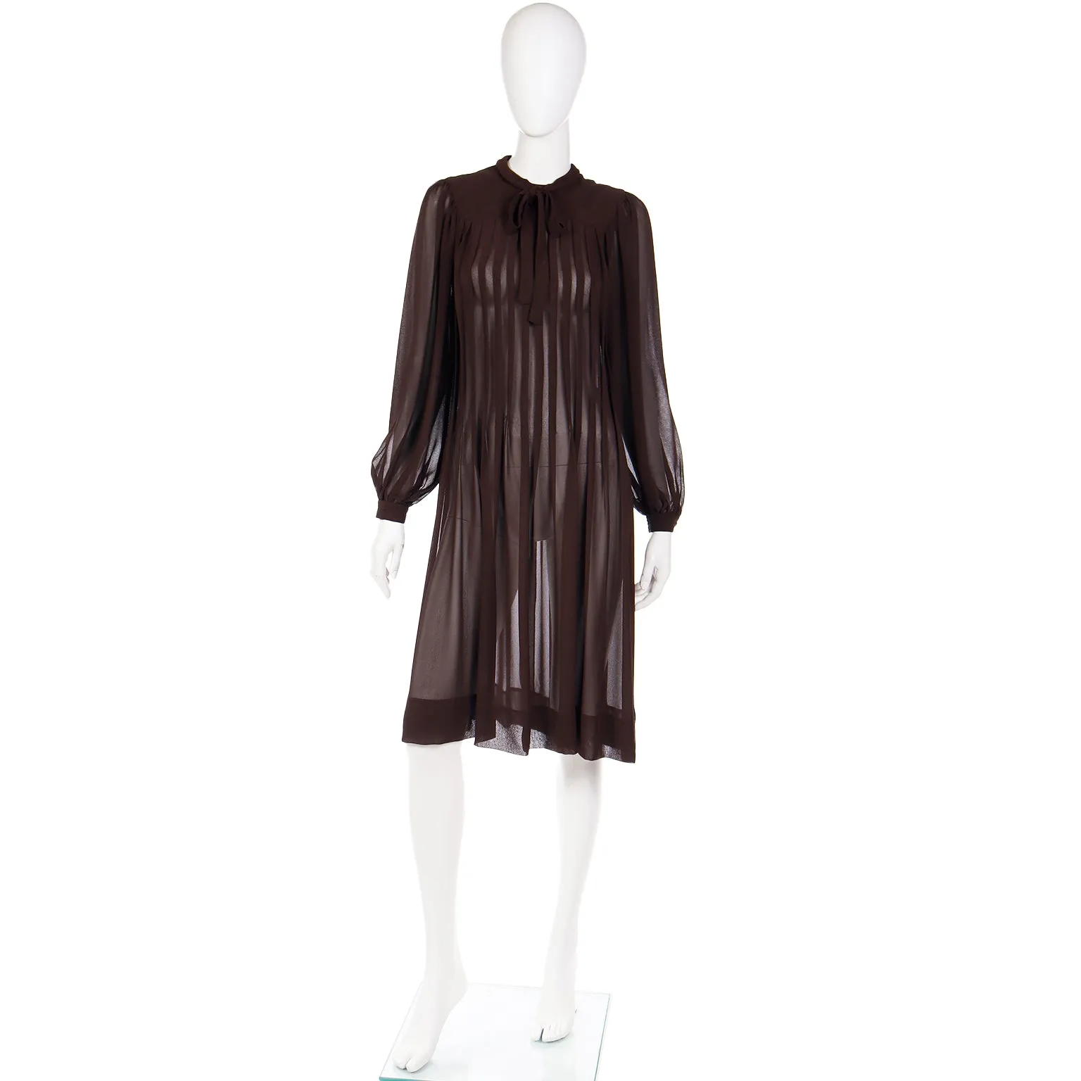 1970s Albert Nipon Sheer Brown Pleated Crepe Dress