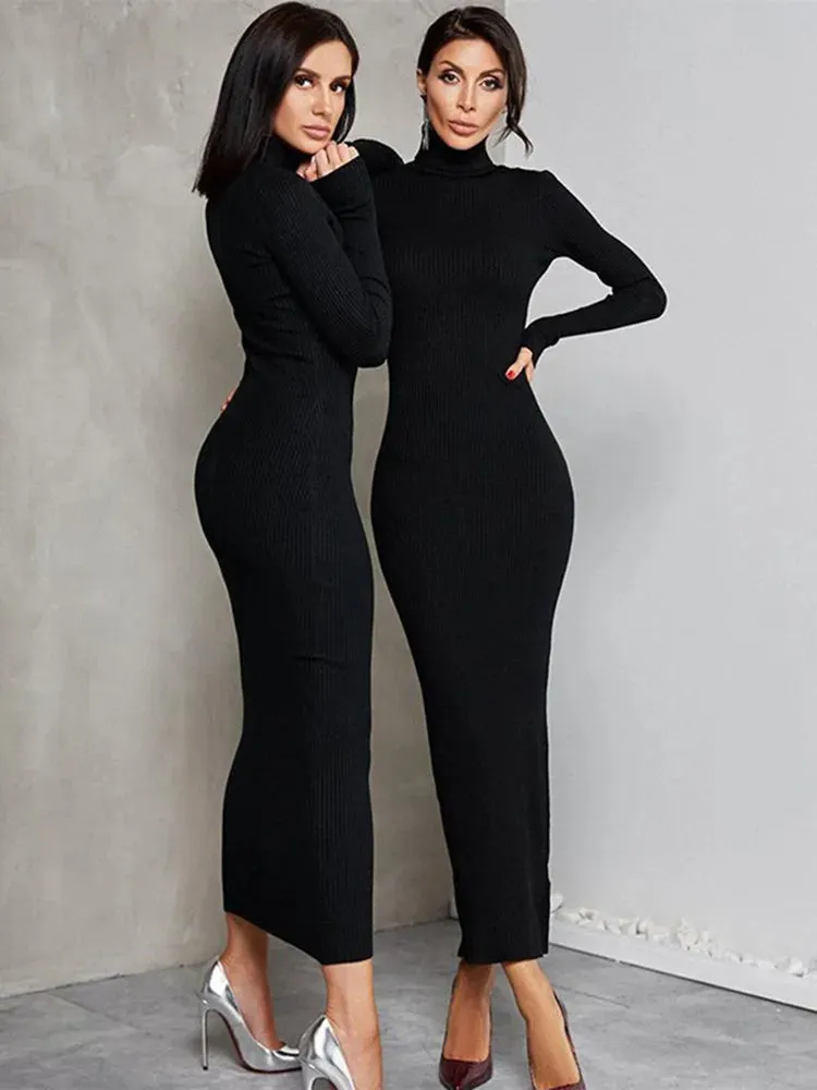 2024 Elegant Spring Turtleneck Knitted Ribbed Sheath Midi Bodycon Dress