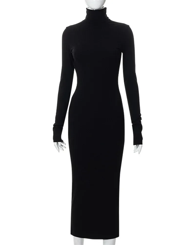 2024 Elegant Spring Turtleneck Knitted Ribbed Sheath Midi Bodycon Dress