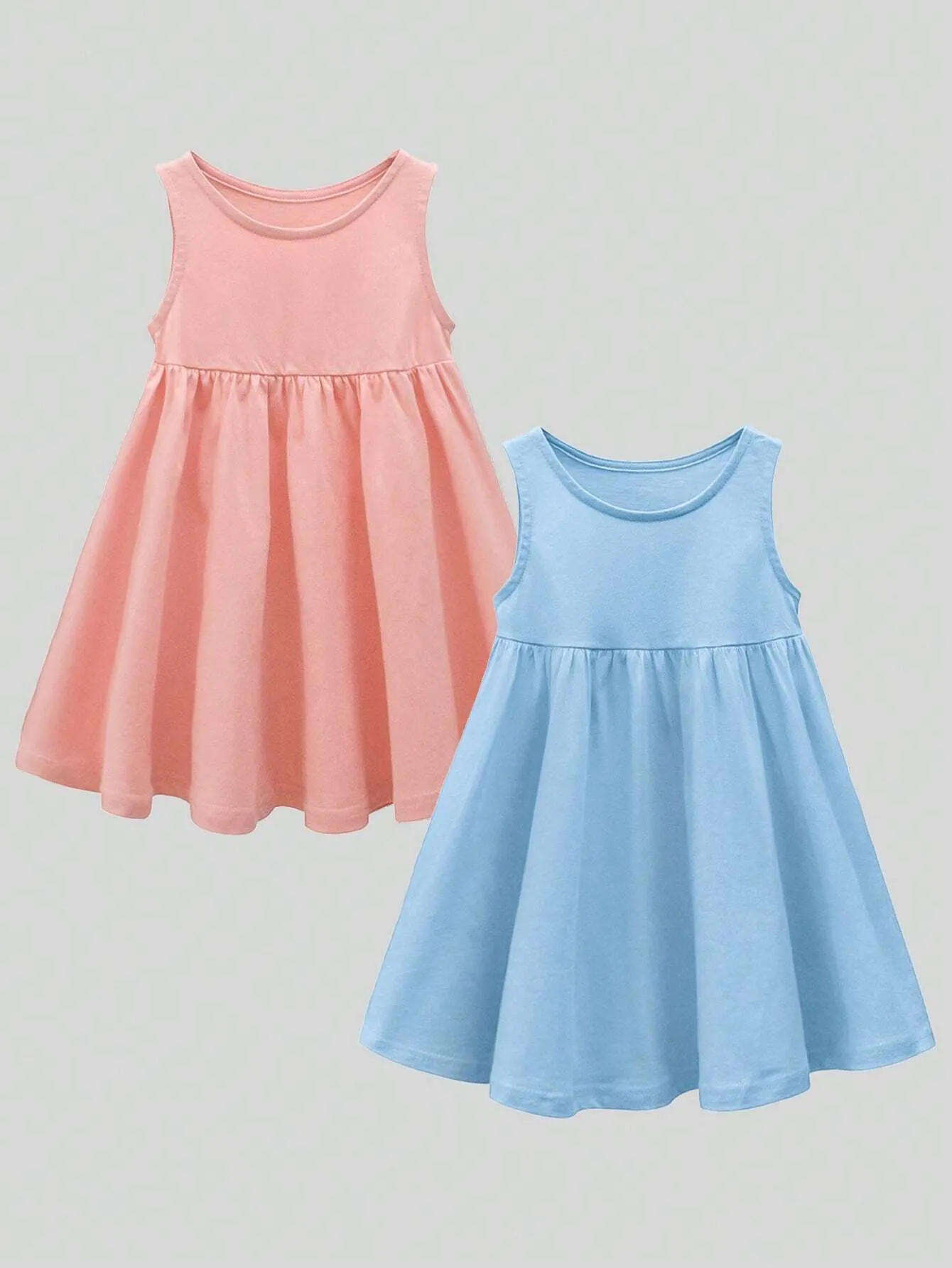 2pcs Young Girl's Loose Fit Dress Set With Round Neck, Sleeveless, Ruffle Hem, Blue And Pink