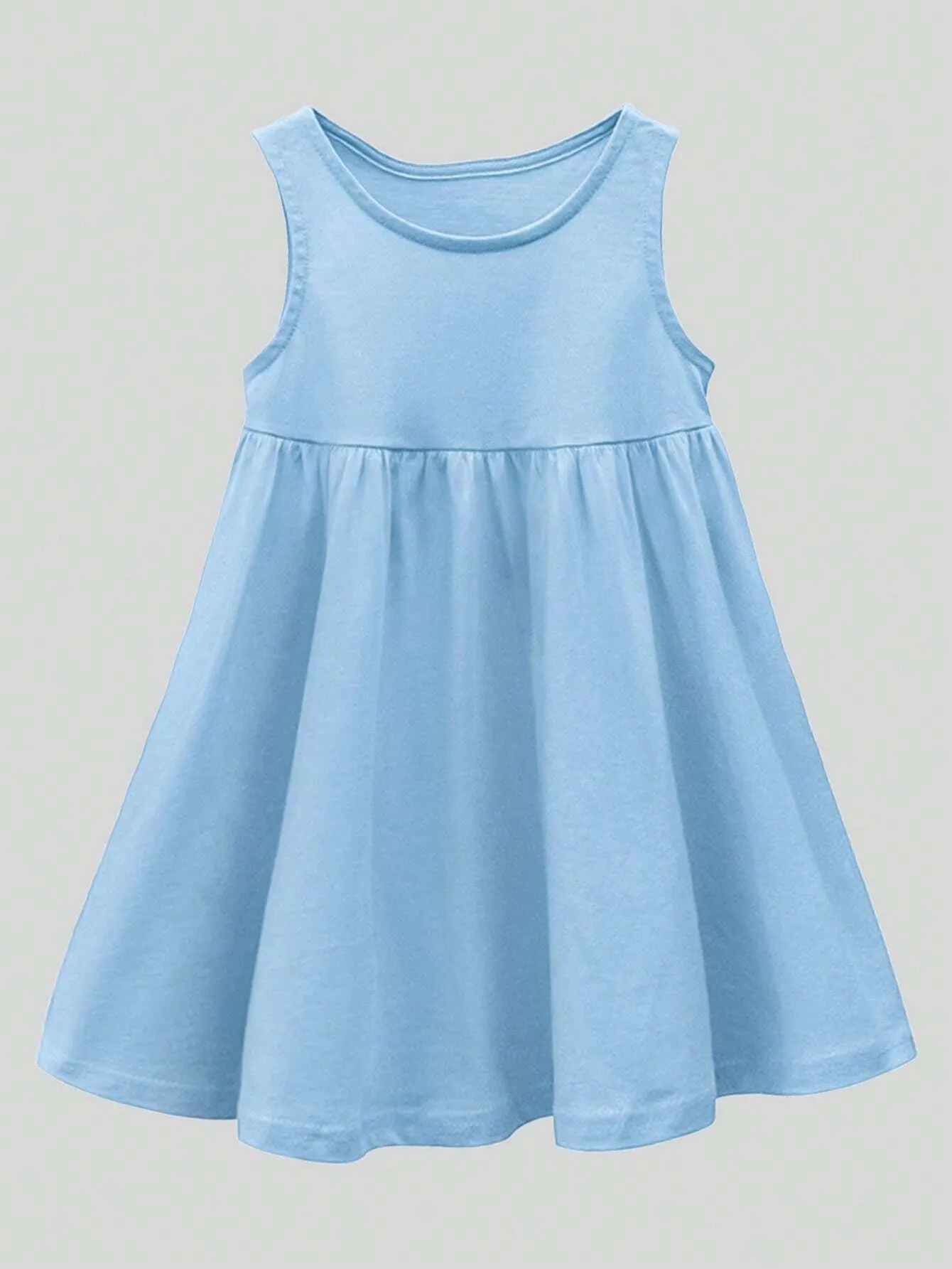 2pcs Young Girl's Loose Fit Dress Set With Round Neck, Sleeveless, Ruffle Hem, Blue And Pink