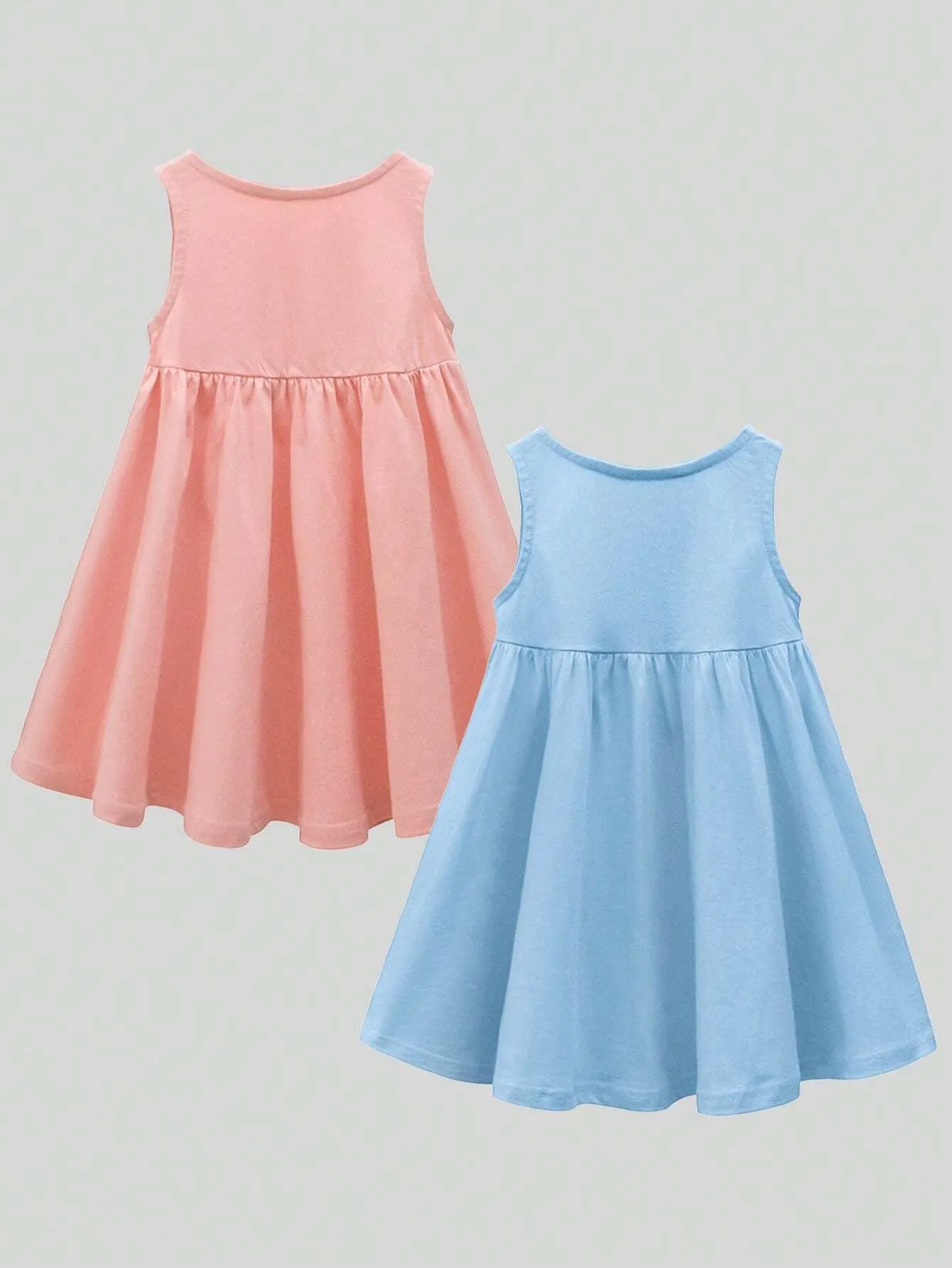 2pcs Young Girl's Loose Fit Dress Set With Round Neck, Sleeveless, Ruffle Hem, Blue And Pink