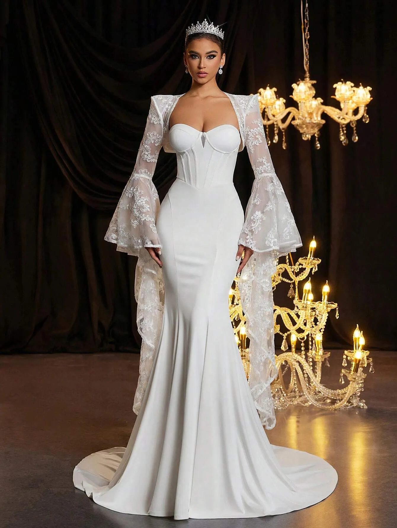 2pcs/Set Elegant White Lace Bridal Gown With Exaggerated Extra Long Batwing Sleeve Shawl, Satin Texture, High Waist Slim-Fit Fish Tail Train Wedding Dress