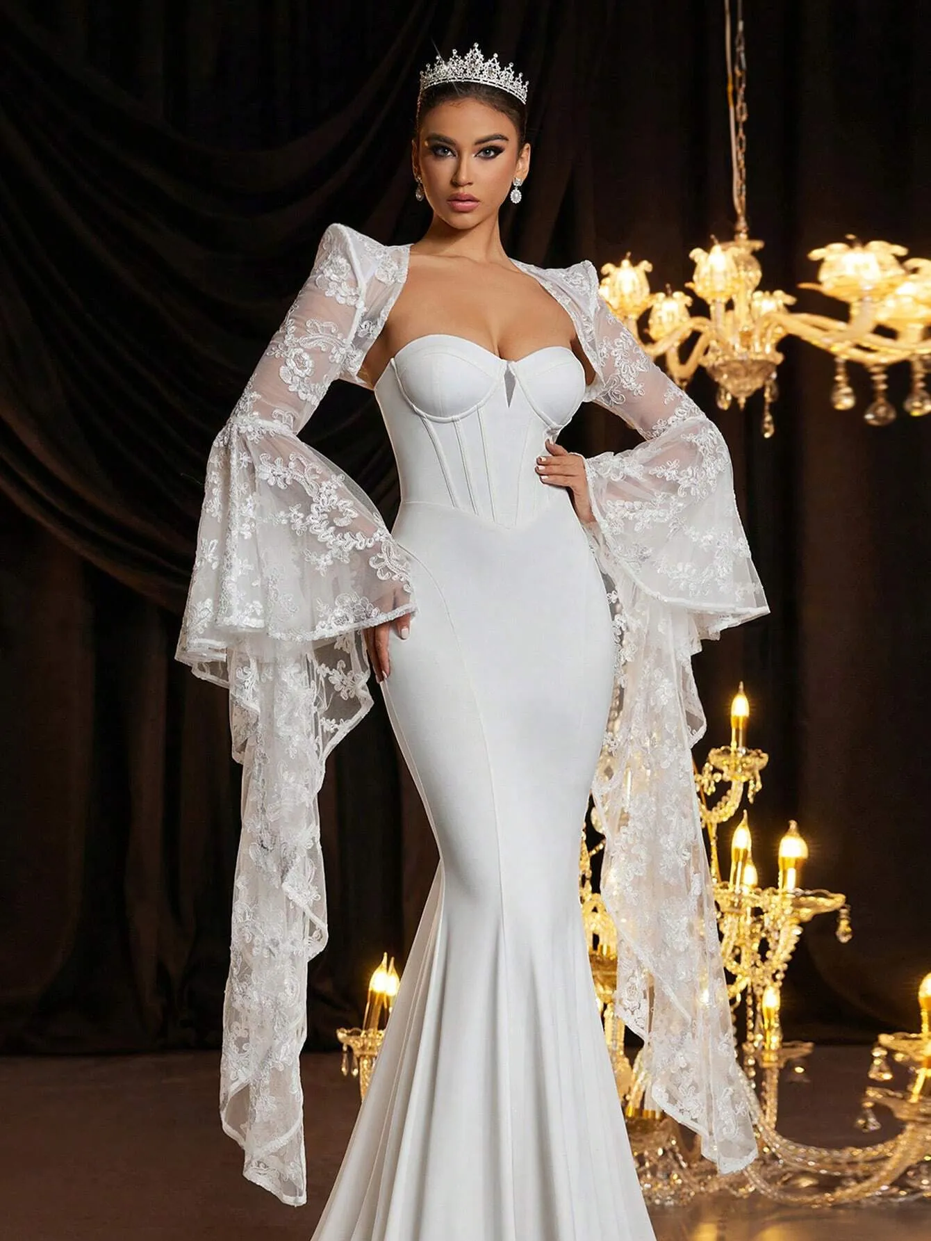 2pcs/Set Elegant White Lace Bridal Gown With Exaggerated Extra Long Batwing Sleeve Shawl, Satin Texture, High Waist Slim-Fit Fish Tail Train Wedding Dress