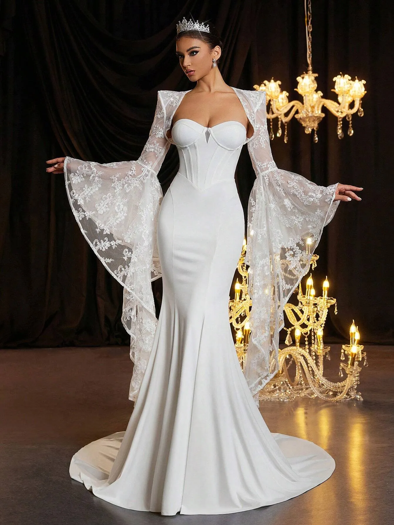 2pcs/Set Elegant White Lace Bridal Gown With Exaggerated Extra Long Batwing Sleeve Shawl, Satin Texture, High Waist Slim-Fit Fish Tail Train Wedding Dress