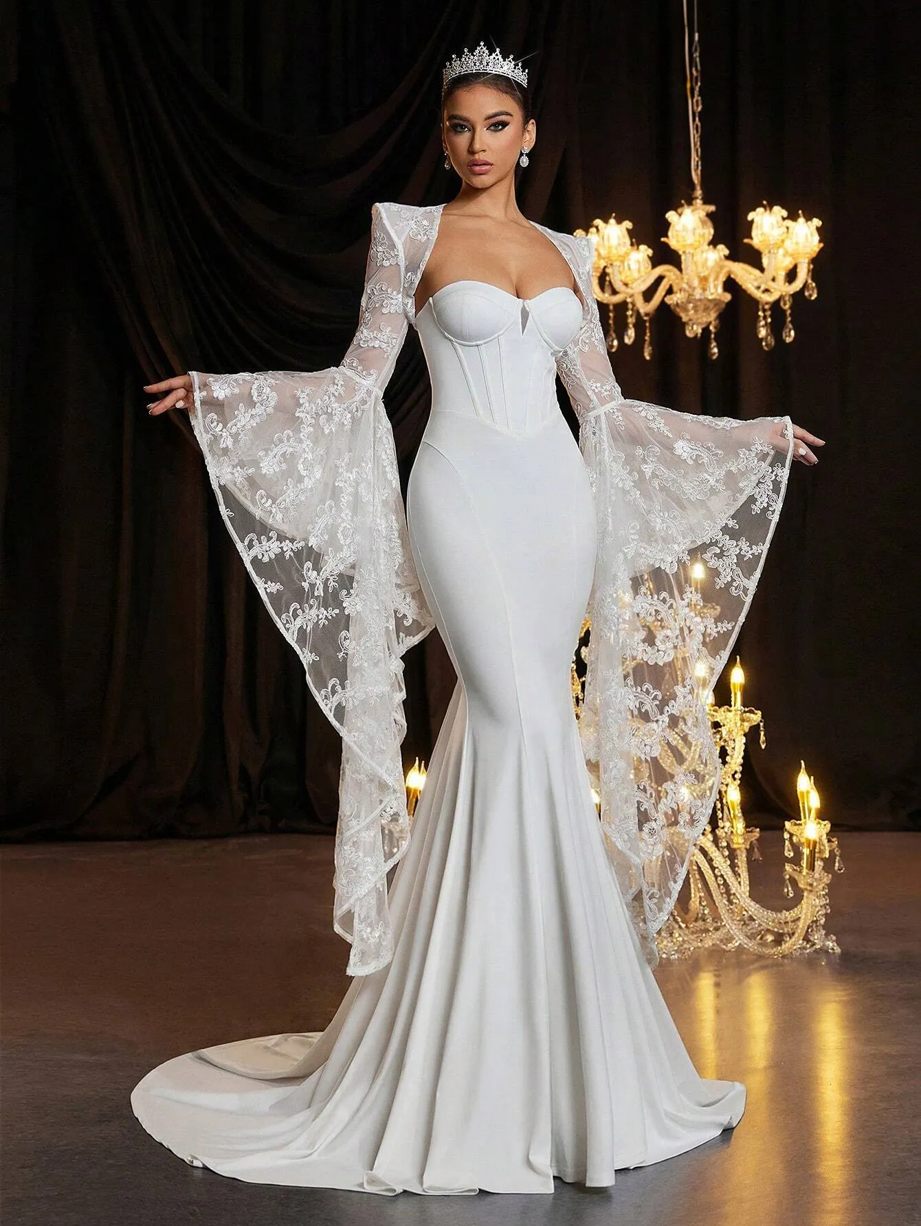 2pcs/Set Elegant White Lace Bridal Gown With Exaggerated Extra Long Batwing Sleeve Shawl, Satin Texture, High Waist Slim-Fit Fish Tail Train Wedding Dress