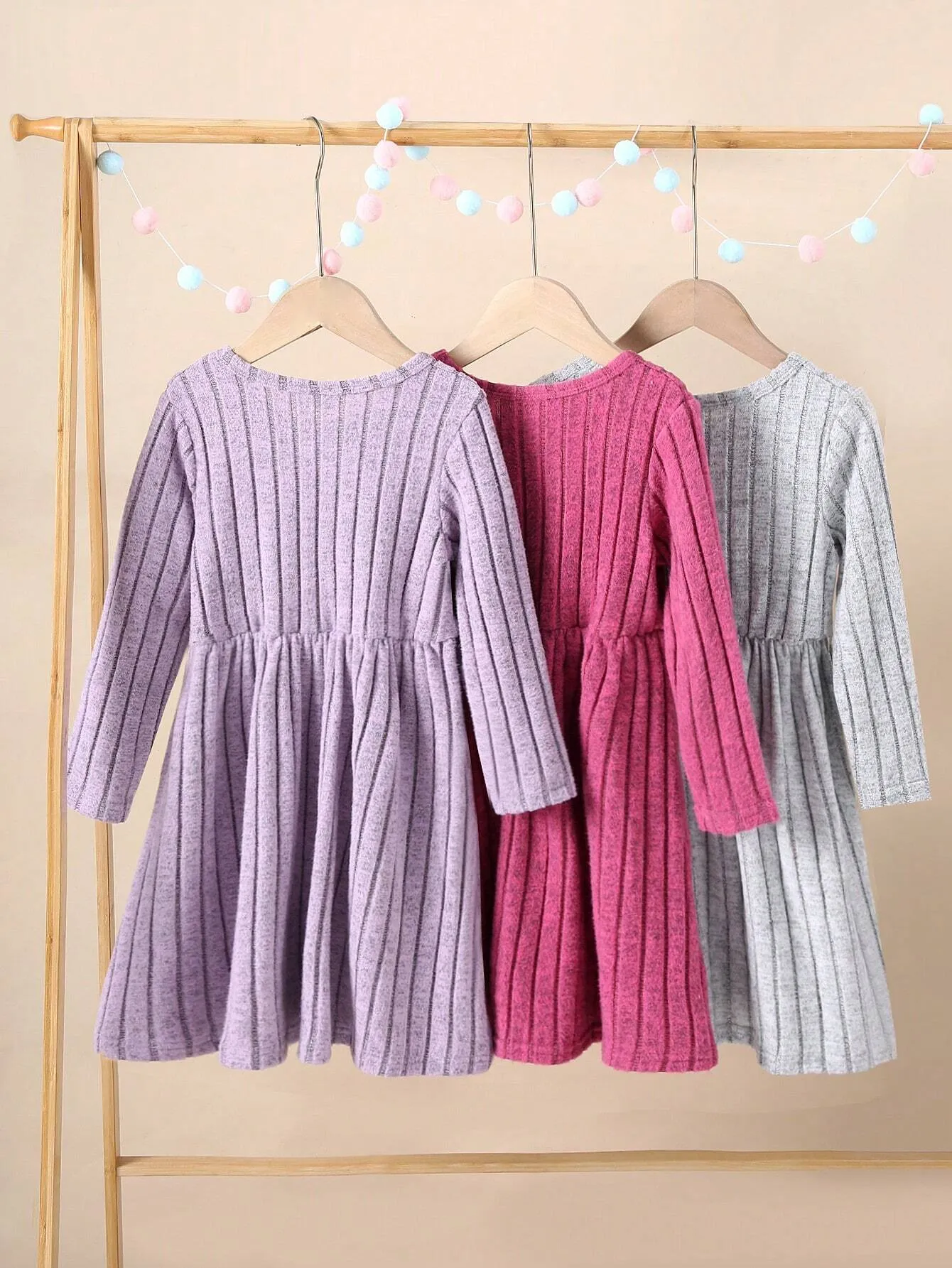 2pcs/Set Girls' Solid Color Ribbed Long Sleeve Casual Dress Set, Autumn Winter