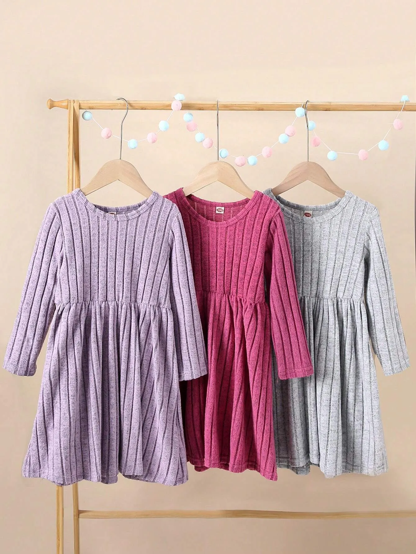 2pcs/Set Girls' Solid Color Ribbed Long Sleeve Casual Dress Set, Autumn Winter