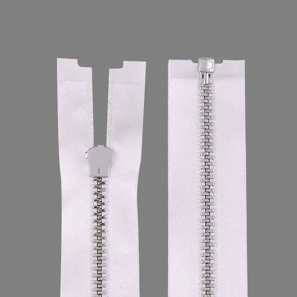 #3 Silver with White Glossy Soft Shiny White Satin Tape Zipper