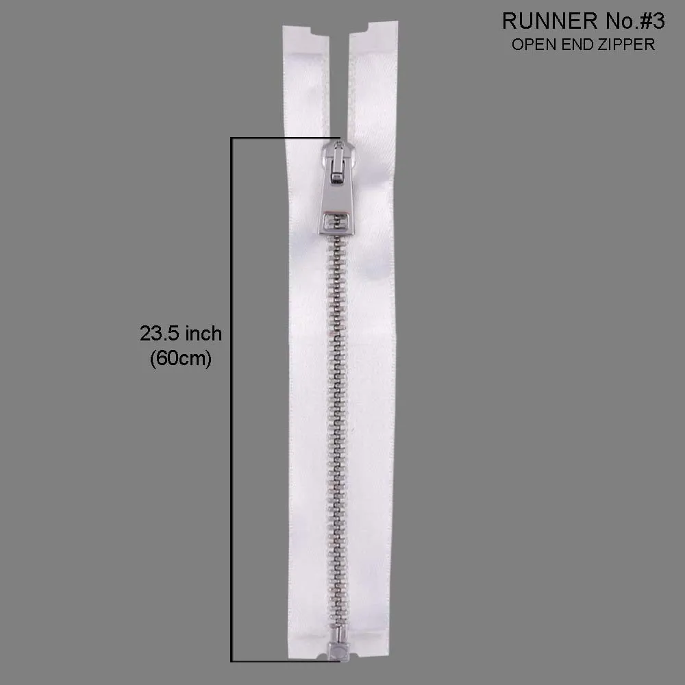 #3 Silver with White Glossy Soft Shiny White Satin Tape Zipper