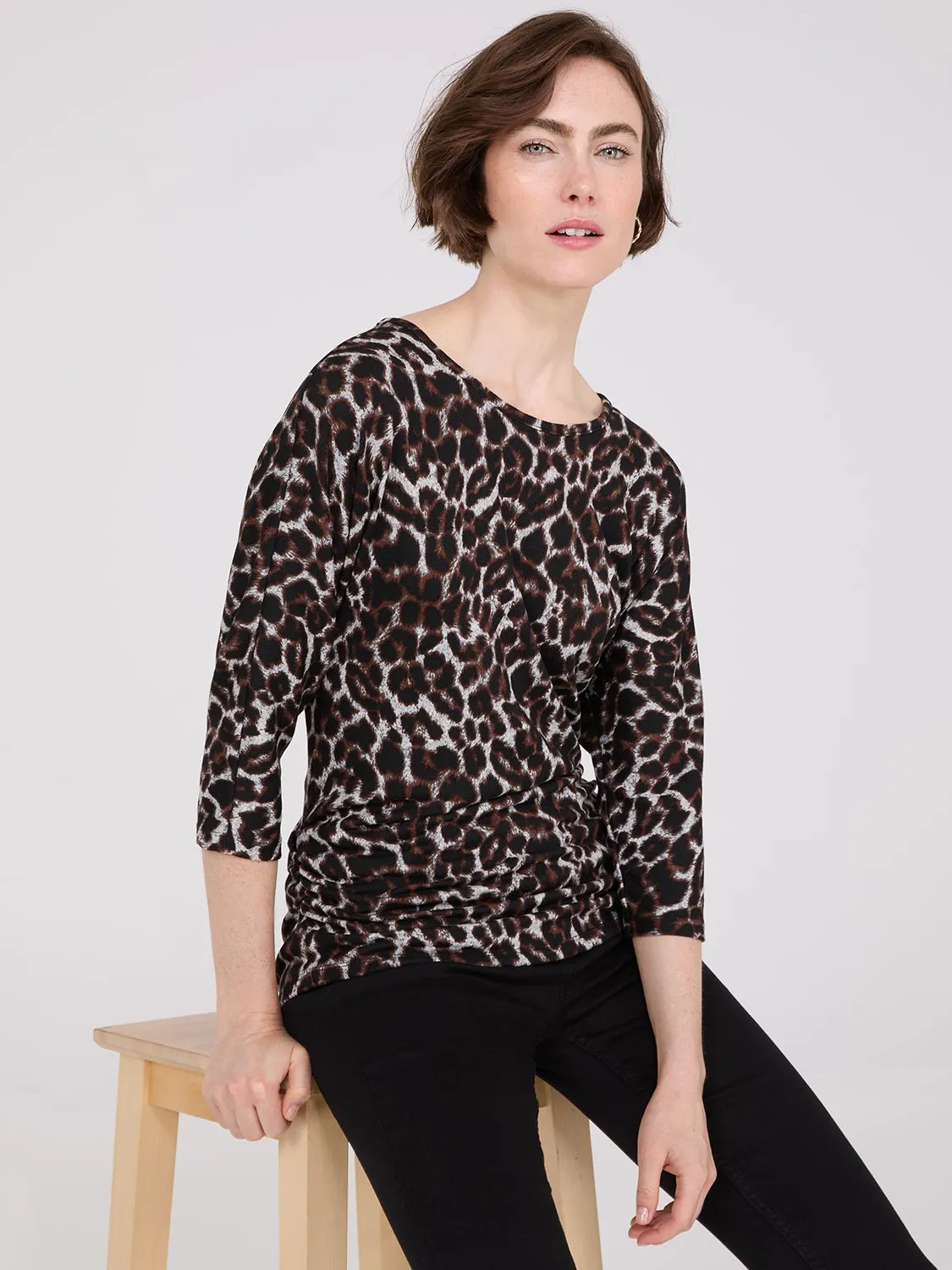 3/4 Sleeve Animal Print Top With Side Ruching