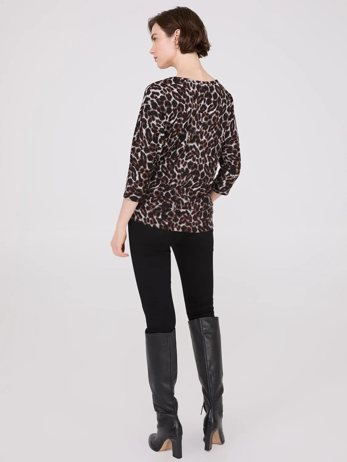 3/4 Sleeve Animal Print Top With Side Ruching