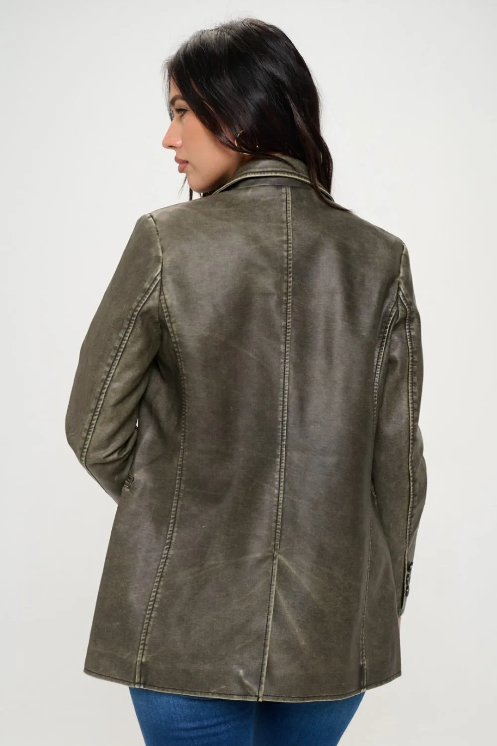 72! Coalition LA Single-Breasted Vegan Leather Blazer _ Olive Brown