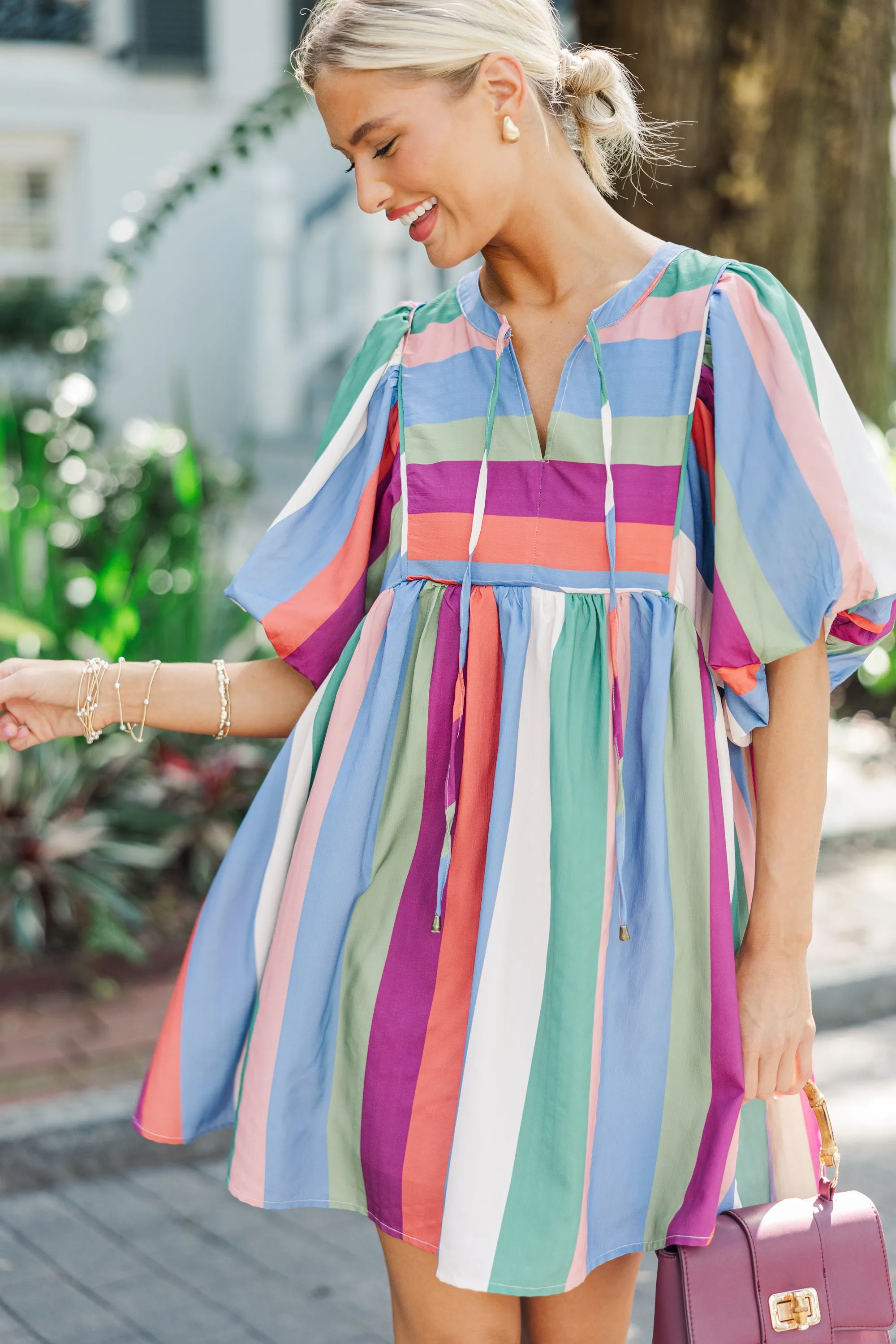 A Moment In Time Denim Blue Striped Babydoll Dress