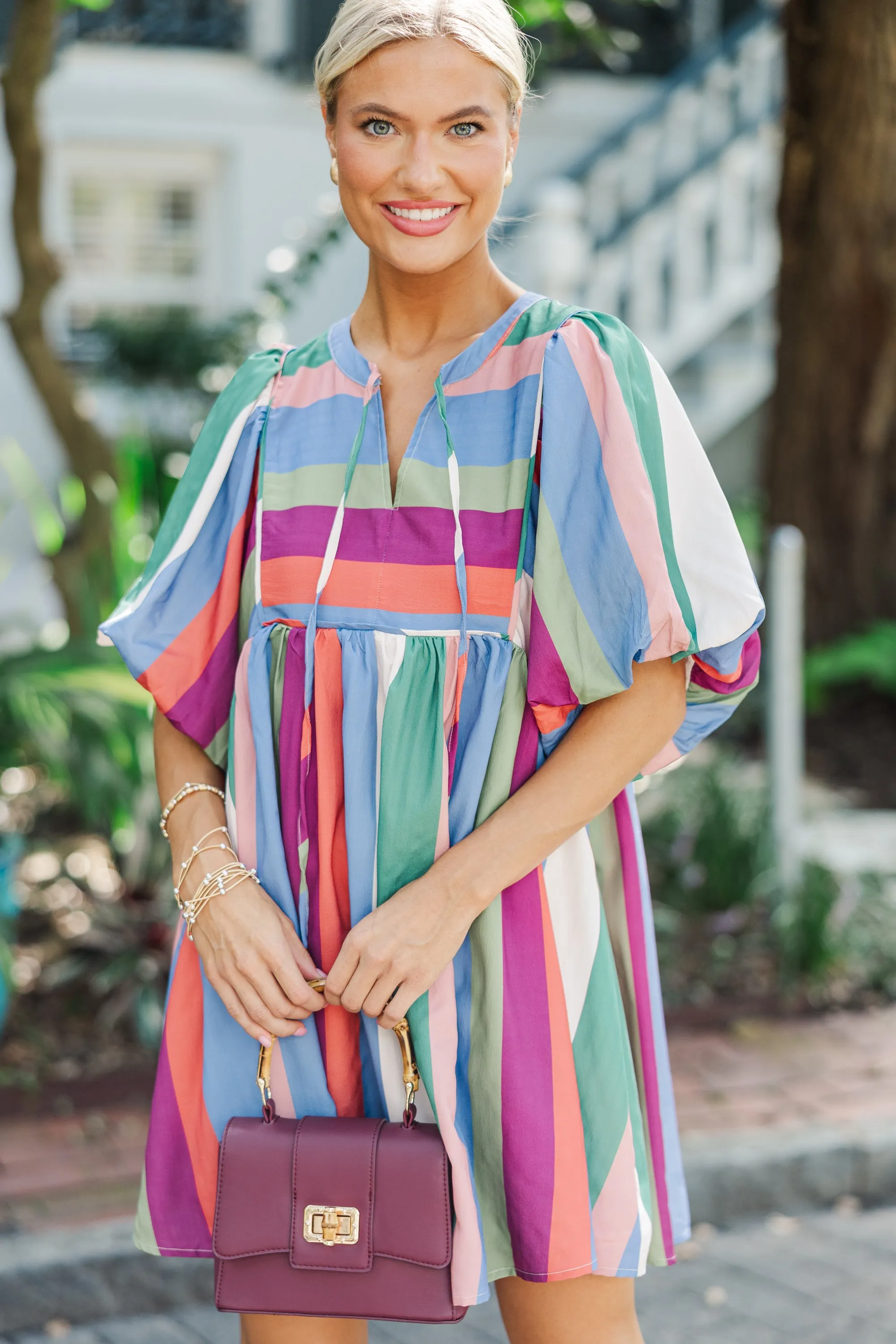 A Moment In Time Denim Blue Striped Babydoll Dress