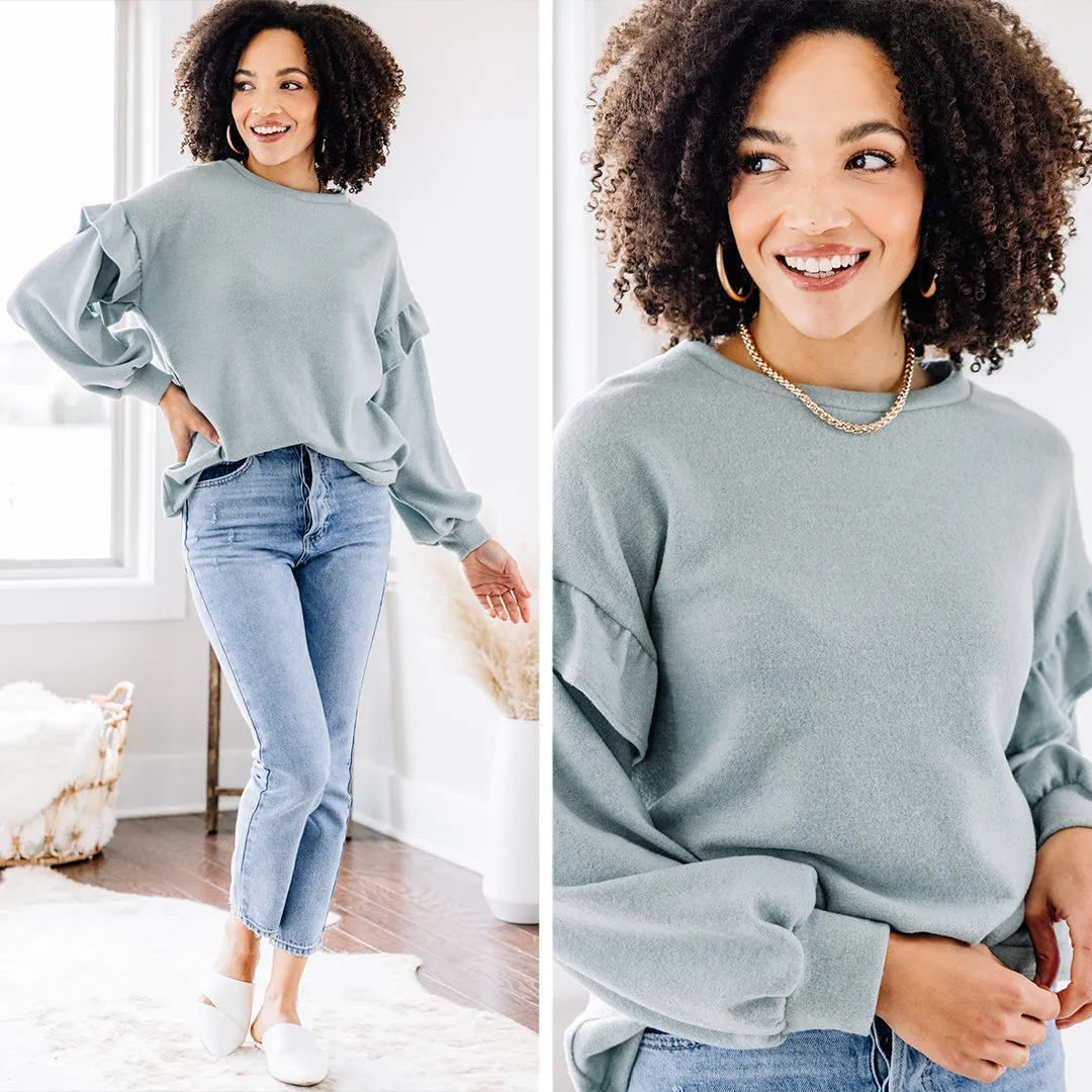 Adorable Destinations Sage Green Ruffled Pullover