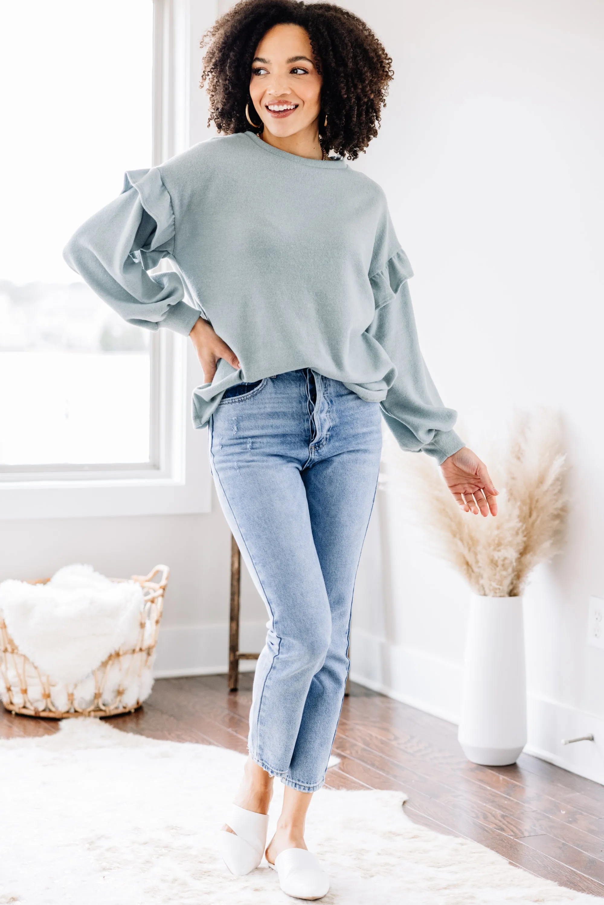 Adorable Destinations Sage Green Ruffled Pullover