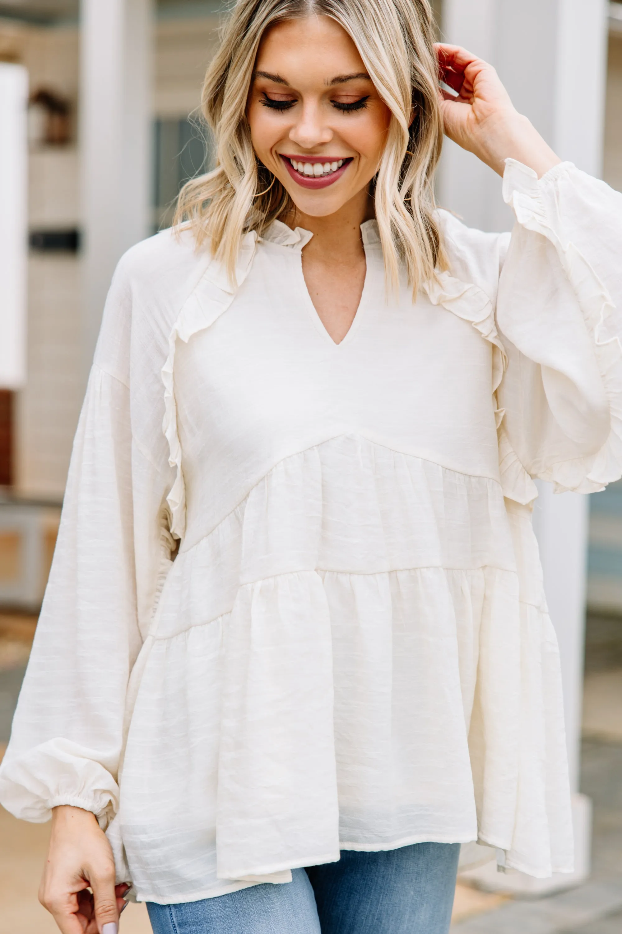 All Caught Up Cream White Ruffled Tunic