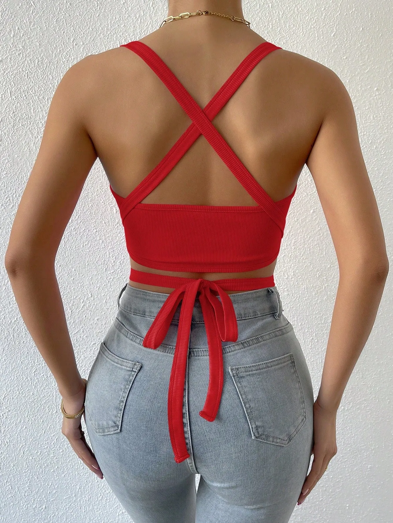 Amy Fashion - Crisscross Tie Backless Crop Cami Top