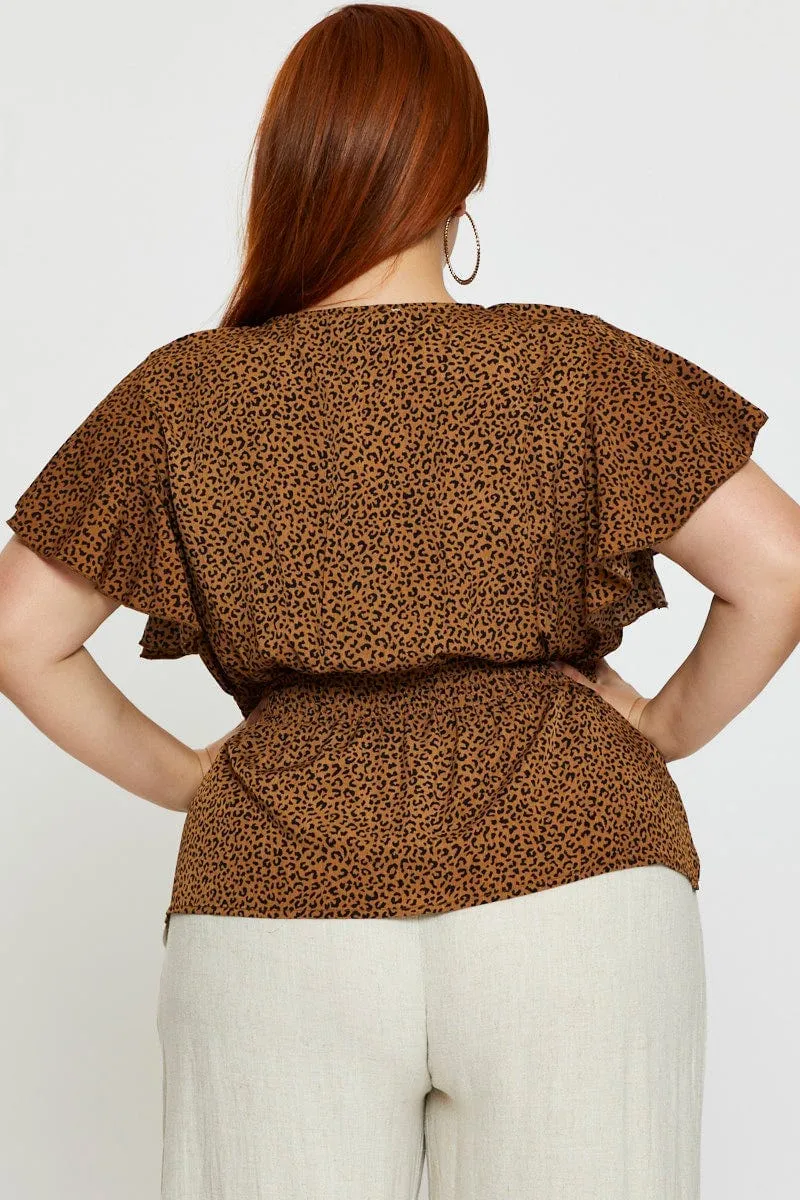 Animal Print Peplum Top Short Sleeve