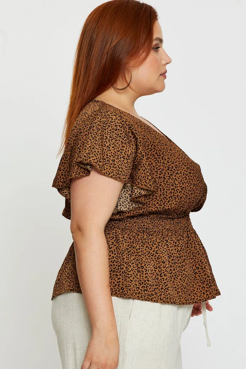 Animal Print Peplum Top Short Sleeve