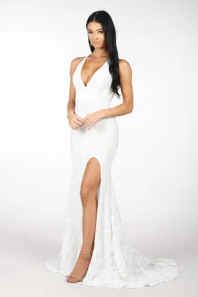 Ariella Side Slit Pattern Sequin Gown - White