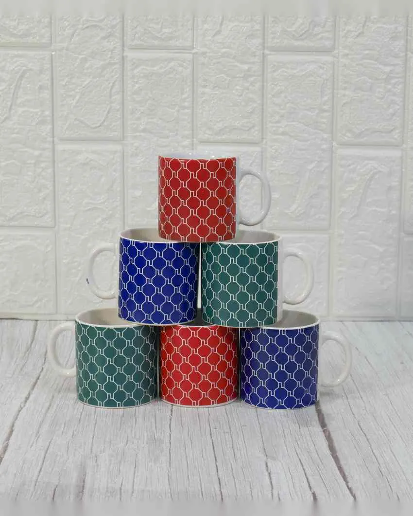 Art Handcrafted Ceramic Coffee & Tea Cups Geometric Design | Set of 6 | 180 ML | 3 x 3 inches