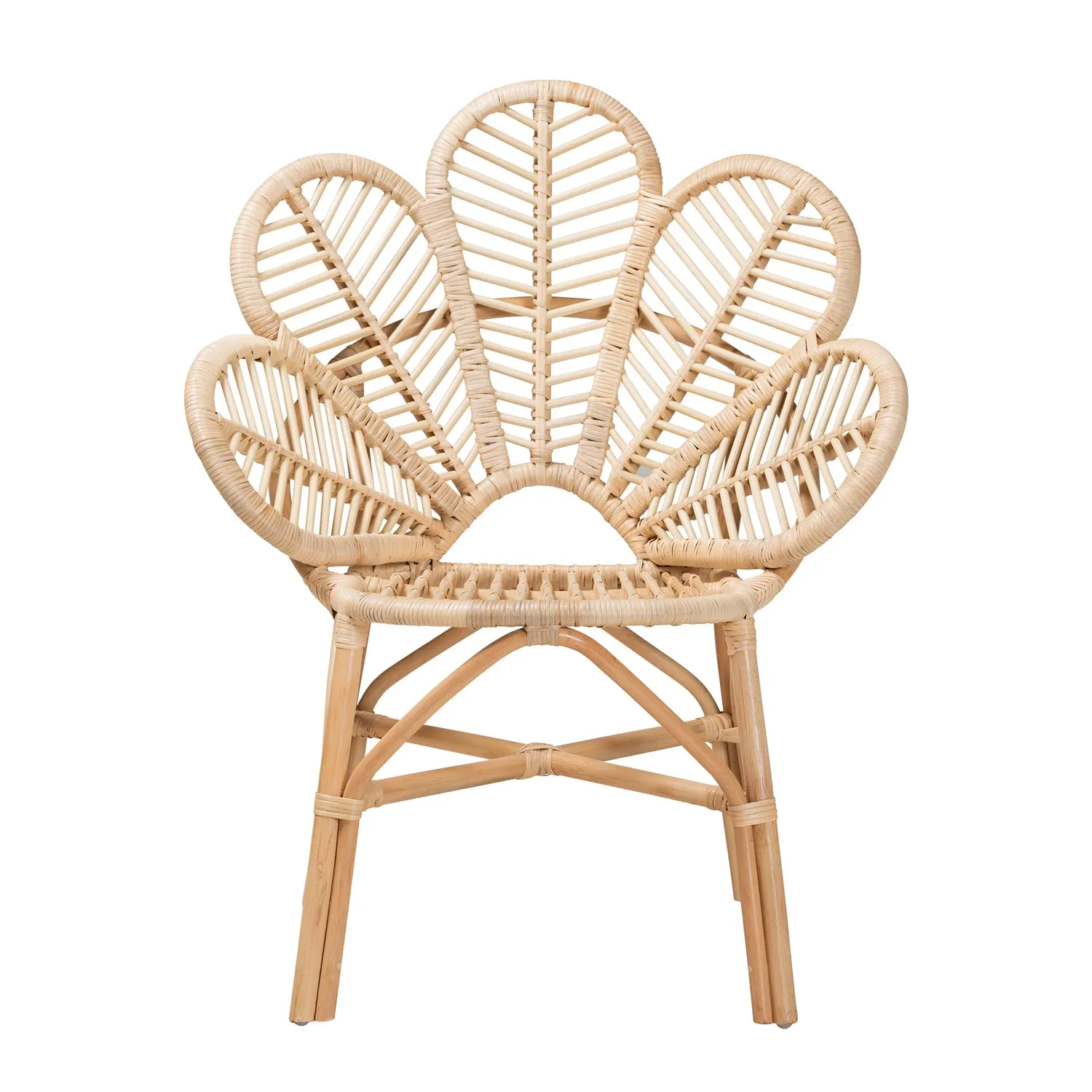 Baxton Studio Bianca Modern Bohemian Rattan Flower Chair with Angled Legs & Crisscross Base, Openwork Design, in Natural Brown Finish