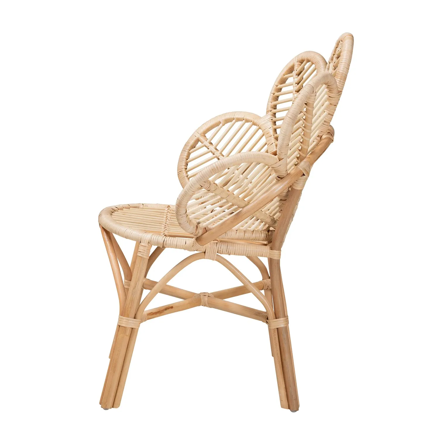 Baxton Studio Bianca Modern Bohemian Rattan Flower Chair with Angled Legs & Crisscross Base, Openwork Design, in Natural Brown Finish