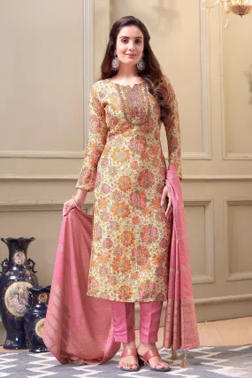 Beige with Multicolor Digital Print, Banaras and Zardozi work Straight Cut Salwar Suit