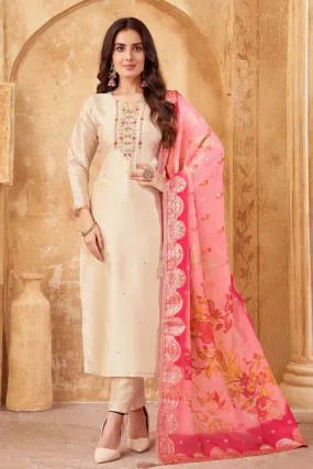 Beige Zardozi, Thread, Mirror and Beads work Straight Cut Salwar Suit