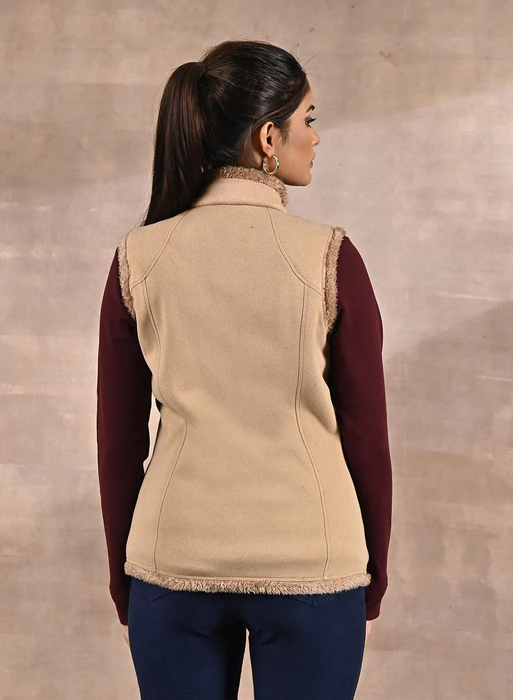 Beige Zip-front Sleeveless Fur Jacket