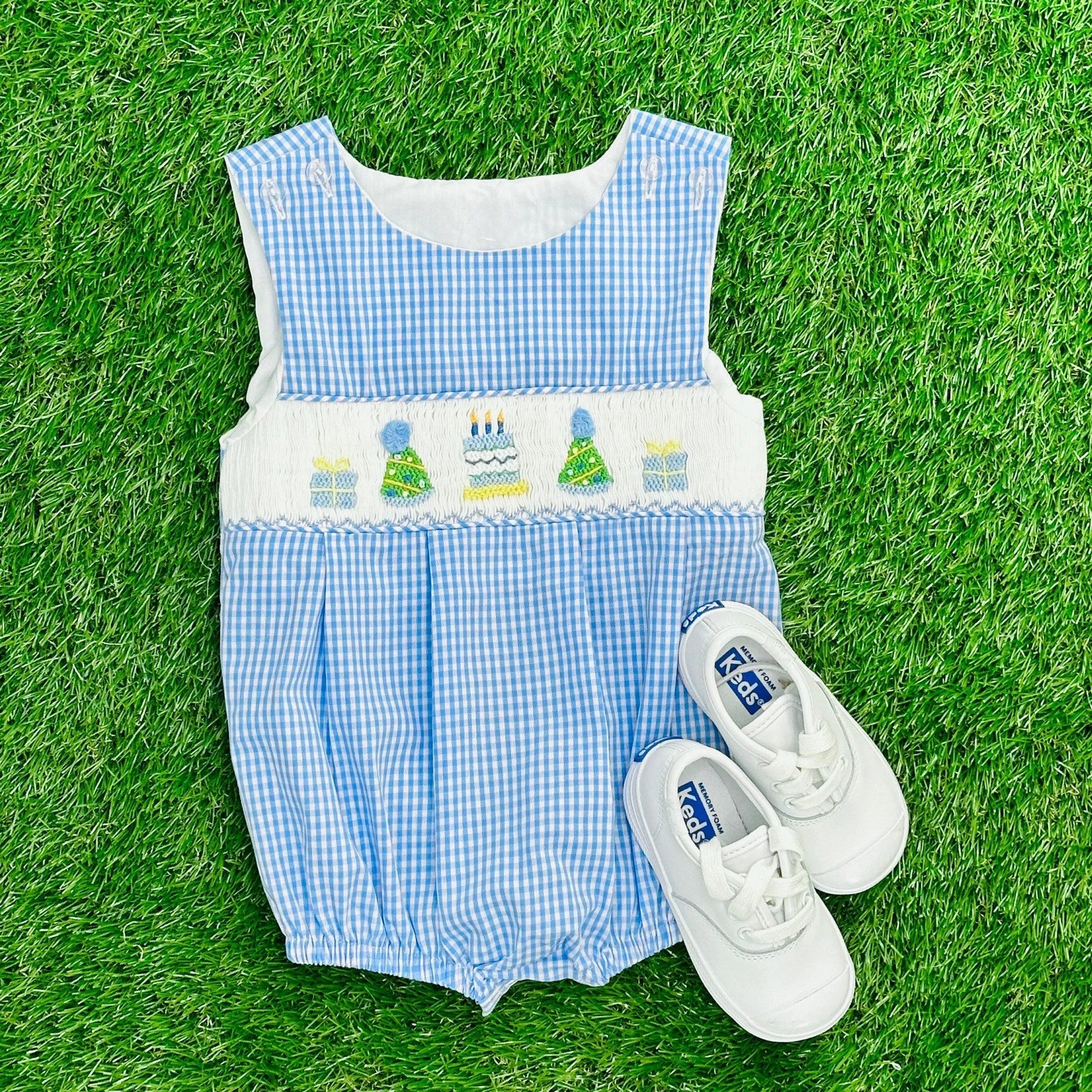 Birthday Boy Smocked Bubble in Light Blue Gingham