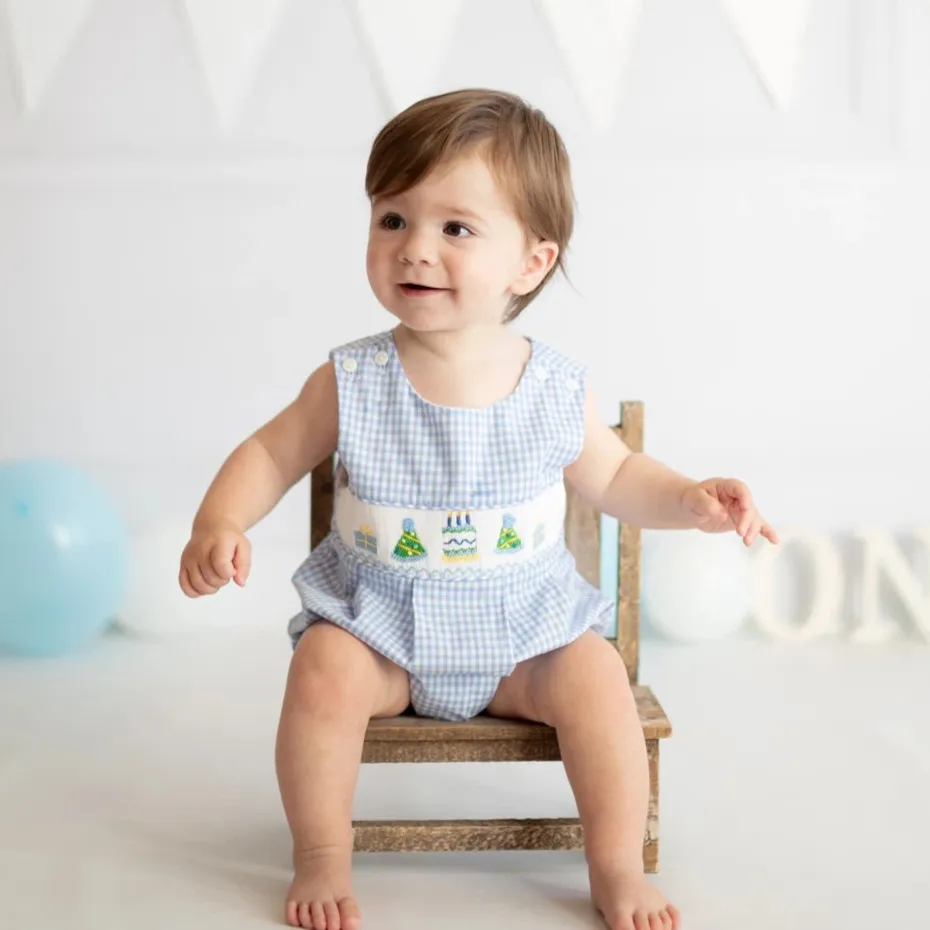 Birthday Boy Smocked Bubble in Light Blue Gingham