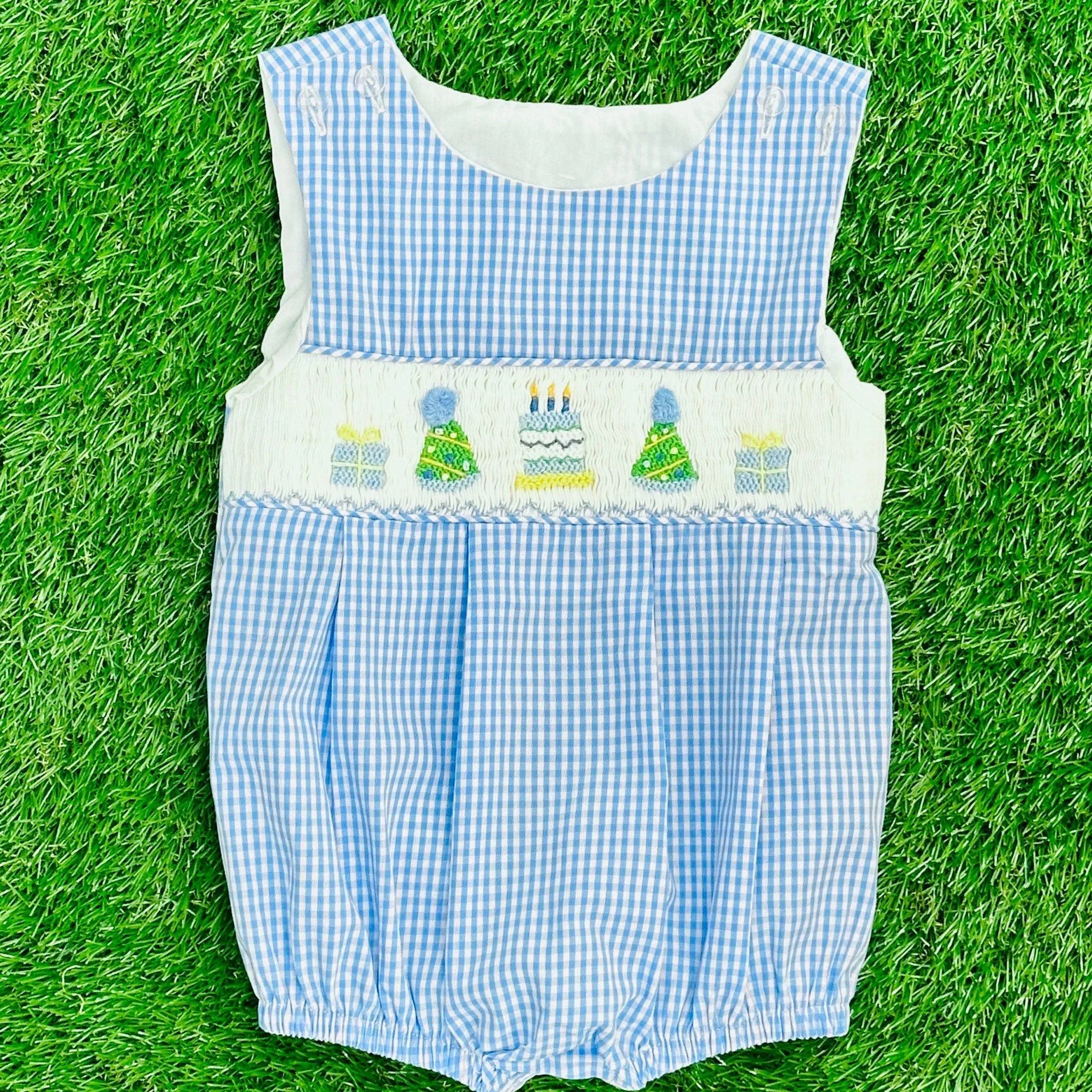 Birthday Boy Smocked Bubble in Light Blue Gingham