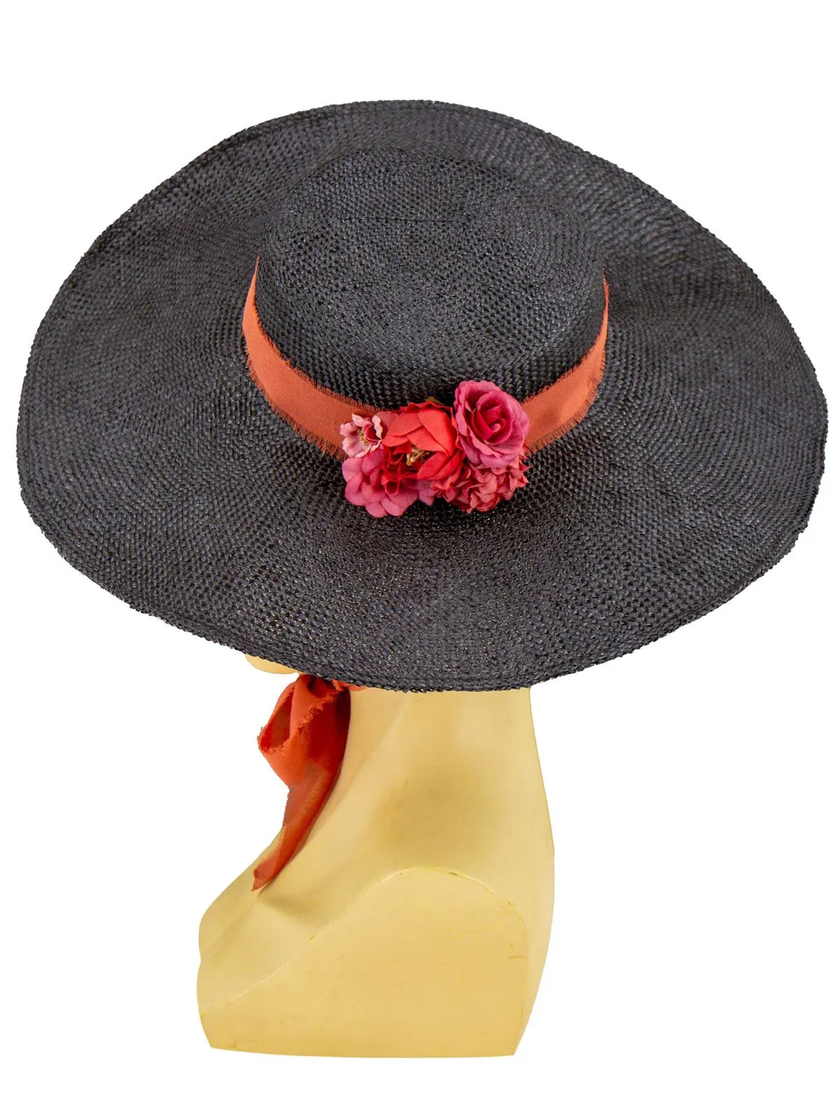 Black 1940s Straw Boater Picture Hat Floral Trim