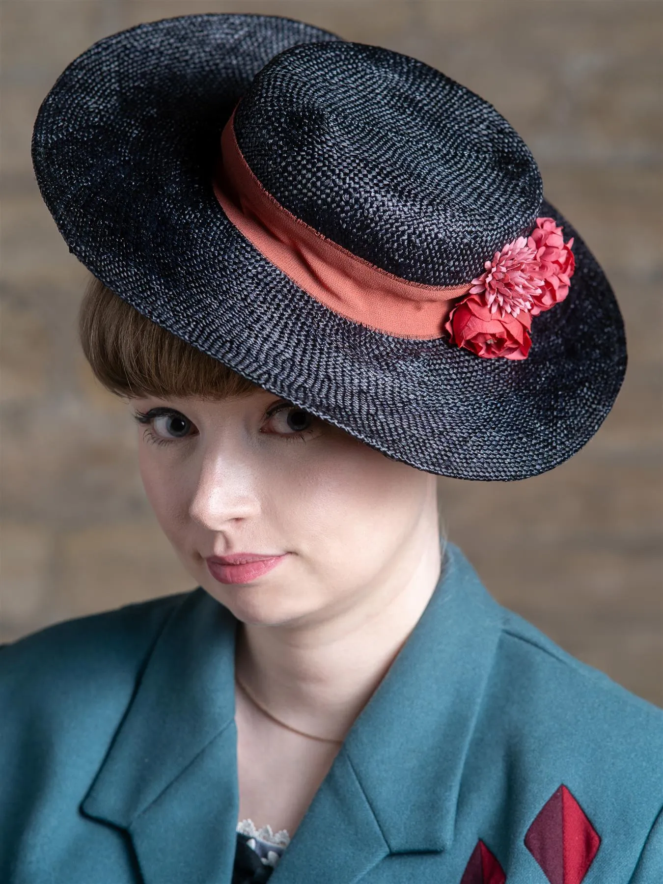 Black 1940s Straw Boater Picture Hat Floral Trim